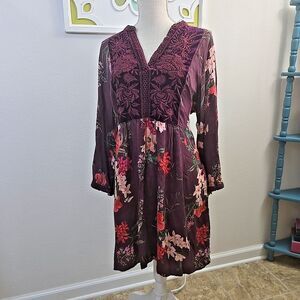 Johnny Was Workshop Burgundy Dress Size XL Velvet Embroidered Bodice Accent